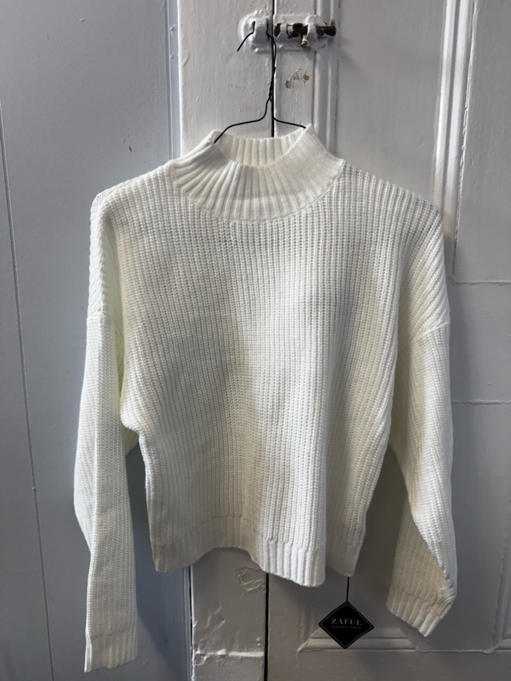 Zaful Cream Ribbed Mock Neck Sweater